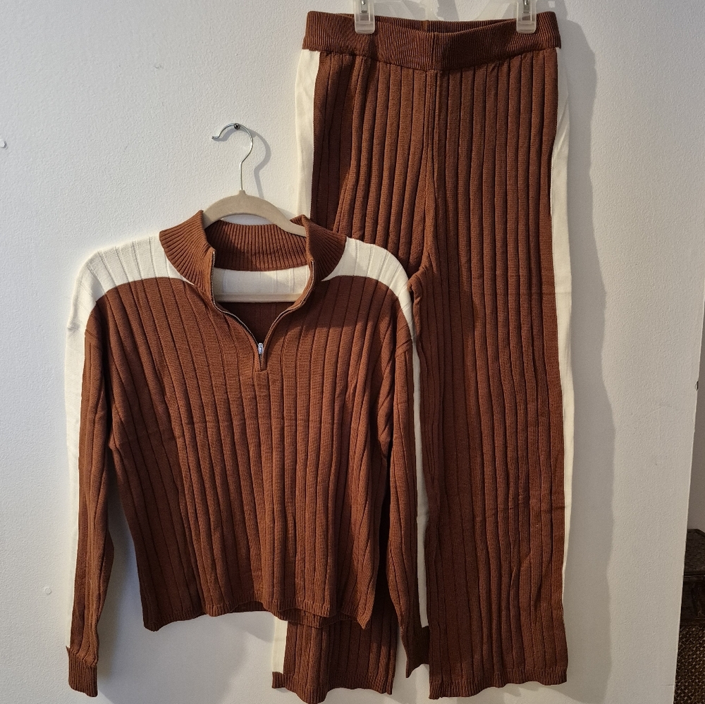 Women's Brown and Cream Sweater Set